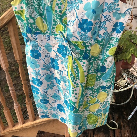 Lilly Pulitzer Vegetable Turtle Print Dress Sz 10 Green Blue Vintage White Label - Picture 2 of 7